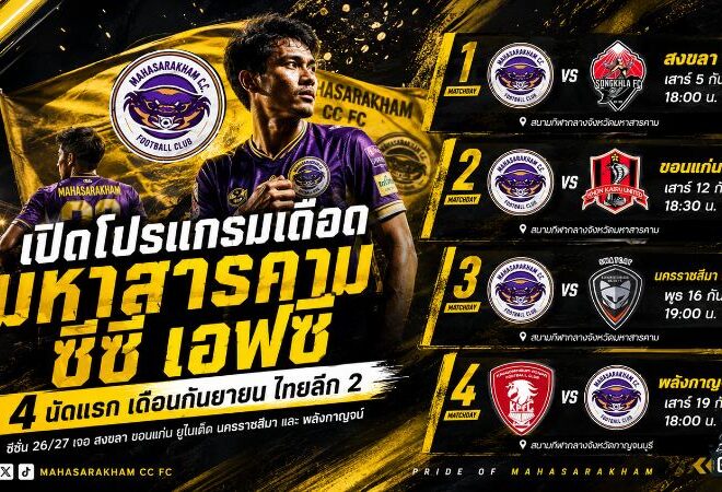 เปิดหัวเดือด 4 นัด! มหาสารคาม ซีซี เอฟซี เจองานหนักทันที โปรแกรมกันยายน ไทยลีก 2 ฤดูกาล 2026/27