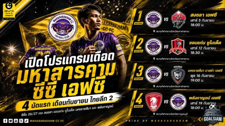 เปิดหัวเดือด 4 นัด! มหาสารคาม ซีซี เอฟซี เจองานหนักทันที โปรแกรมกันยายน ไทยลีก 2 ฤดูกาล 2026/27