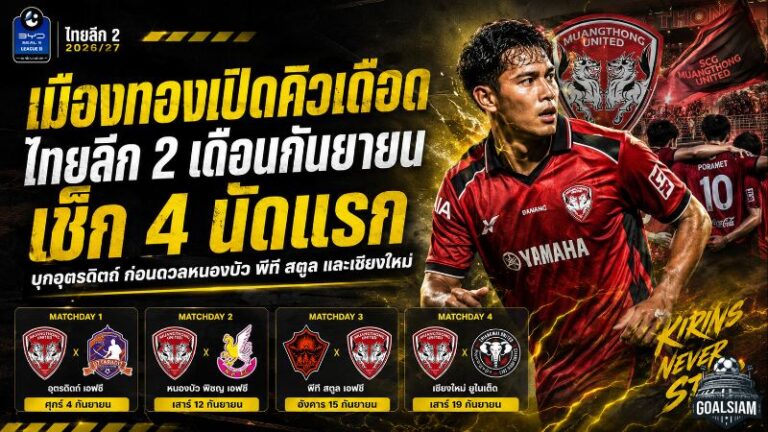 เมืองทองเปิดศึกเดือดไทยลีก 2 กันยายน 2026 เช็กโปรแกรม 4 นัดแรก ลุยอุตรดิตถ์ก่อนกลับเฝ้ารัง