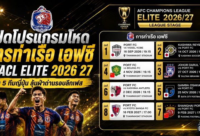 เปิดโปรแกรมโหด การท่าเรือ เอฟซี ลุย ACL Elite 2026/27 ชน 5 ทีมญี่ปุ่น ลุ้นฝ่าด่านเดือดสู่รอบ 16 ทีม
