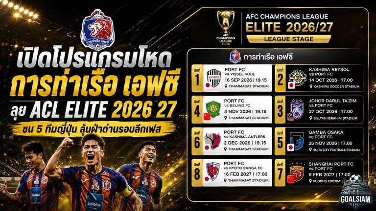 เปิดโปรแกรมโหด การท่าเรือ เอฟซี ลุย ACL Elite 2026/27 ชน 5 ทีมญี่ปุ่น ลุ้นฝ่าด่านเดือดสู่รอบ 16 ทีม