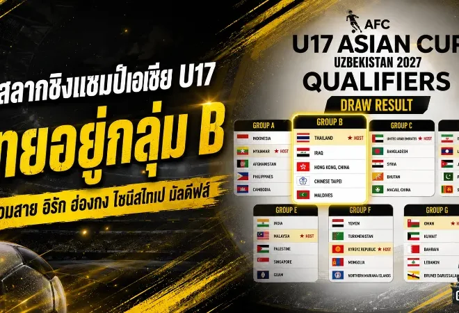จับสลากเดือด ช้างศึก U17 ชน อิรัก ฮ่องกง ไชนีส ไทเป มัลดีฟส์ ล่าแชมป์กลุ่มสู่เอเชีย 2027