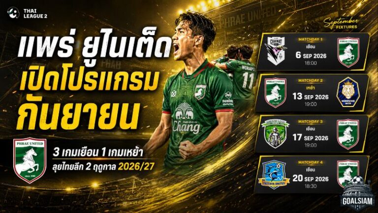 แพร่ ยูไนเต็ด เปิดโปรแกรมกันยายนสุดหิน 3 เกมเยือน 1 เกมเหย้า ประเดิมศึกไทยลีก 2 ฤดูกาล 2026/27
