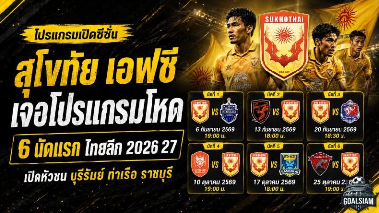 เปิดหัวชนแชมป์เก่า! สุโขทัย เอฟซี เจอโปรแกรมโหด 6 นัดแรก ไทยลีก 2026/27
