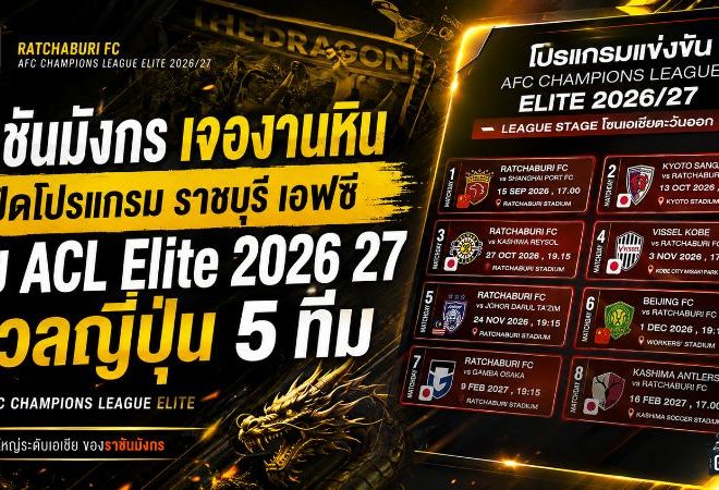 ราชันมังกรเจองานหิน! เปิดโปรแกรม ราชบุรี เอฟซี ลุย ACL Elite 2026/27 ดวลญี่ปุ่นถึง 5 ทีม