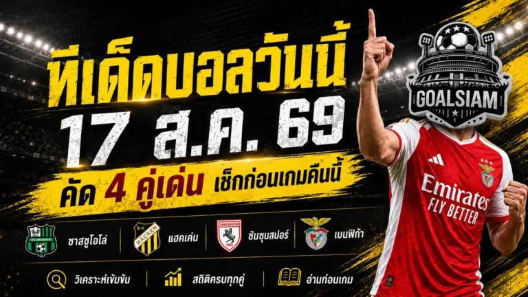ทีเด็ดบอลวันนี้ 17 ส.ค. 69 คัด 4 คู่เด่นคืนนี้ ซาสซูโอโล่ แฮคเค่น ซัมซุนสปอร์ เบนฟิก้า ใครน่าจับตา ใครมีภาษี เช็กทรรศนะก่อนเกมแบบครบทุกมุม