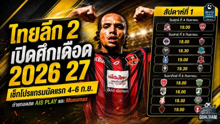 ไทยลีก 2 เปิดศึกเดือด 2026/27 เช็กโปรแกรมนัดแรก 4-6 กันยายน พร้อมช่องถ่ายทอดสดครบ