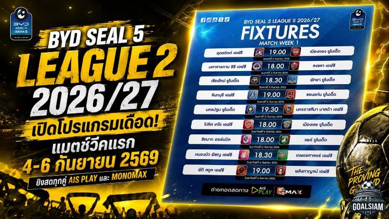เดือดตั้งแต่นัดแรก! เปิดโปรแกรม BYD SEAL 5 LEAGUE 2 2026/27 นัดเปิดซีซั่น 4-6 ก.ย. ยิงสดครบทุกคู่