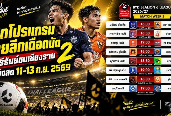 เช็กโปรแกรมไทยลีกเดือดนัด 2! บุรีรัมย์ชนเชียงราย ราชบุรีวัดคมแบงค็อก ยิงสดครบ 11-13 ก.ย. 2569