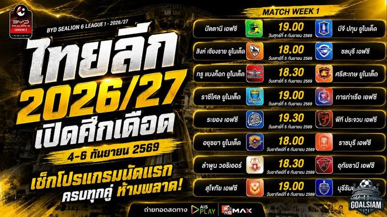 ไทยลีก 2026/27 เปิดศึกเดือด 4 ก.ย. ปัตตานีชนบีจี เช็กโปรแกรมนัดแรกครบทุกคู่