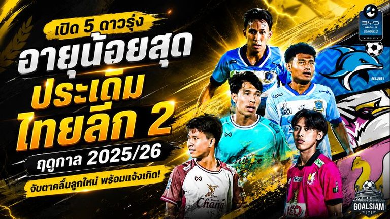 5 ดาวรุ่งอายุน้อยสุดประเดิมไทยลีก 2 ซีซั่น 2025/26 จับตาคลื่นลูกใหม่พร้อมแจ้งเกิด