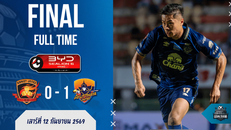 ผลบอลสด ไทยลีก 1 ศรีสะเกษ ยูไนเต็ด พบ อยุธยา ยูไนเต็ด 12 ก.ย. 69 เช็กสกอร์สดทุกจังหวะ เกมเดือดห้ามพลาด!