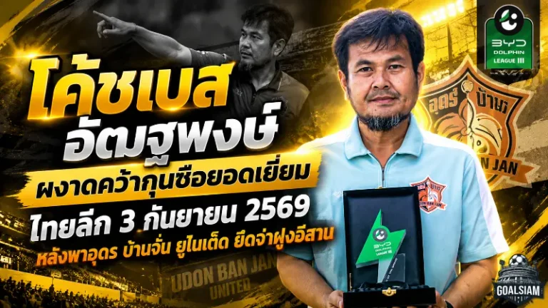 โค้ชเบส อัฒฐพงษ์ ผงาดคว้ากุนซือยอดเยี่ยมไทยลีก 3 กันยายน 2569 หลังพาอุดร บ้านจั่น ยูไนเต็ด ยึดจ่าฝูงอีสาน