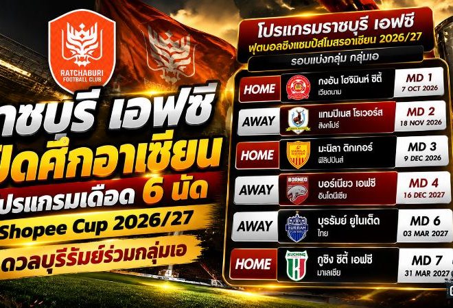 ราชบุรี เอฟซี เปิดศึกอาเซียน โปรแกรมเดือด 6 นัด Shopee Cup 2026/27 ดวลบุรีรัมย์ร่วมกลุ่มเอ