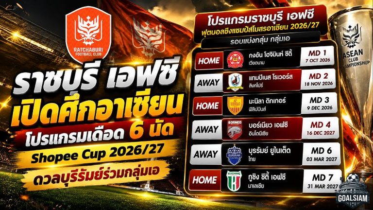 ราชบุรี เอฟซี เปิดศึกอาเซียน โปรแกรมเดือด 6 นัด Shopee Cup 2026/27 ดวลบุรีรัมย์ร่วมกลุ่มเอ