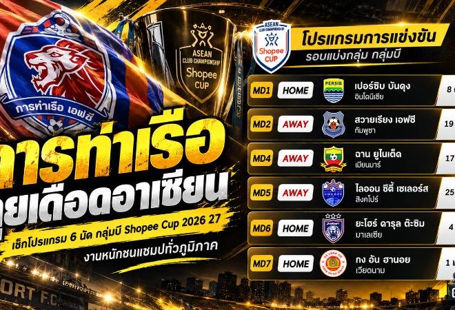 การท่าเรือ ลุยเดือดอาเซียน เช็กโปรแกรม 6 นัดกลุ่มบี Shopee Cup 2026/27 งานหนักชนแชมป์ทั่วภูมิภาค