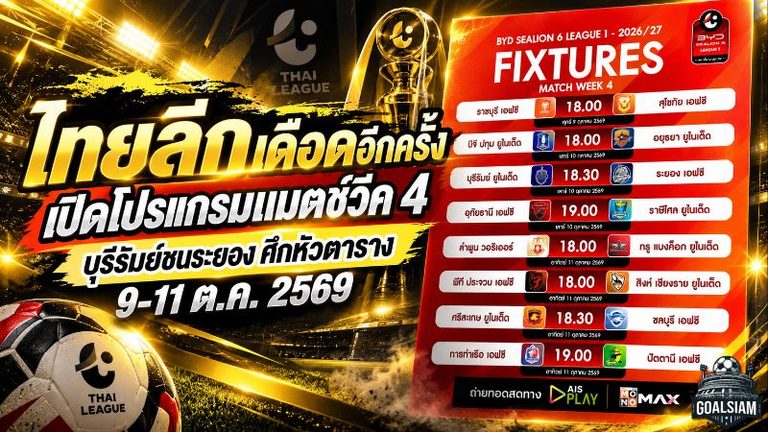 ไทยลีกเดือดอีกครั้ง เปิดโปรแกรมแมตช์วีค 4 บุรีรัมย์ชนระยอง ศึกหัวตาราง 9-11 ต.ค. 2569