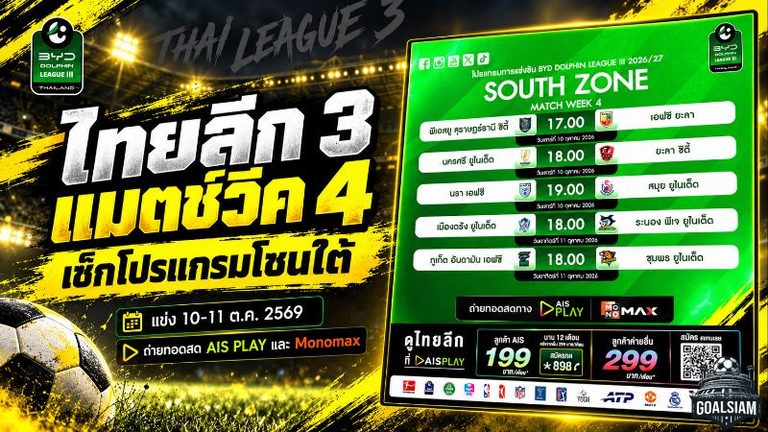 เดือดครบ 6 โซน โปรแกรมไทยลีก 3 แมตช์วีค 4 ฟาดแข้ง 10-12 ต.ค. 2569 เช็กครบทุกคู่ที่นี่