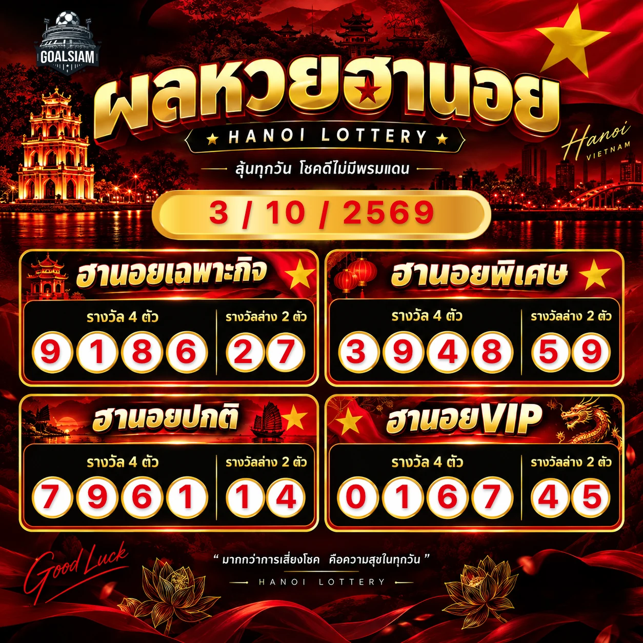 ผลหวยฮานอย วันที่ 3 / 10 / 2569 รูปแบบ GS